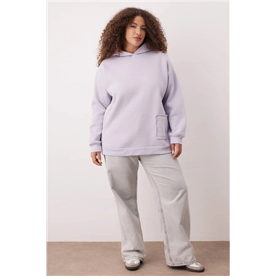 Lila Kapüşonlu Slogan Detaylı İçi Polar Kalın Örme Sweatshirt TBBAW24AO00018