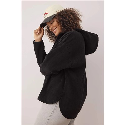 Siyah Kalın Polar Kapüşonlu Oversize/Bol Kesim Büyük Beden Sweatshirt TBBAW25AO00030