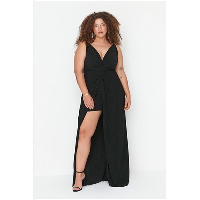 Trendyol Curve Siyah Örme Drape Detaylı Abiye Elbise TBBSS22AD00000