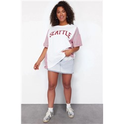 Kırmızı Çizgili Baskılı Oversize %100 PamukÖrme T-shirt TBBSS24BF00017