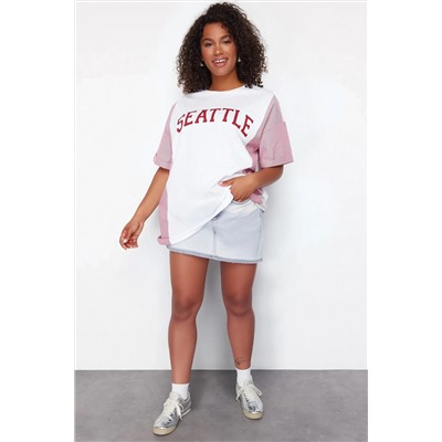Kırmızı Çizgili Baskılı Oversize %100 PamukÖrme T-shirt TBBSS24BF00017