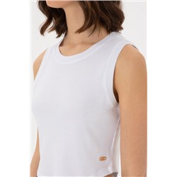 Kadın Beyaz Kolsuz Bisiklet Yaka Crop Basic Tişört