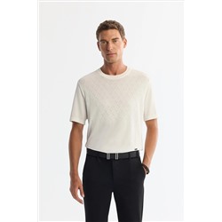 Ekru Bisiklet Yaka Jakarlı Rayon Triko T-Shirt