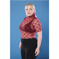Bordo Örme Büyük Beden Dantel Bluz TBBSS25AF00004