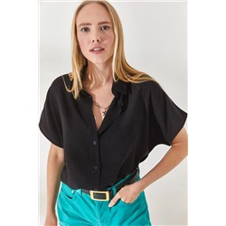 Olalook, Kadın Siyah Yarasa Oversize Keten Gömlek  GML-19001109