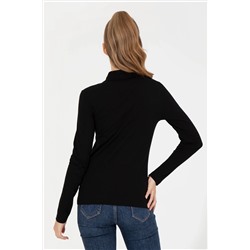 Kadın Siyah Polo Yaka Basic Sweatshirt