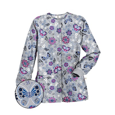 Happy Scrubs® Butterfly Breeze Silver Print Scrub Jacket