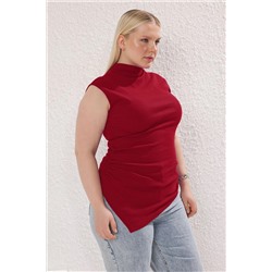 Kırmızı Dik Yaka Asimetrik Örme Büyük Beden Bluz TBBSS25AF00039