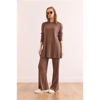 Olalook Kadın Vizon Üst Yırtmaçlı Bluz Alt Palazzo Fitilli Takım TKM-19000180