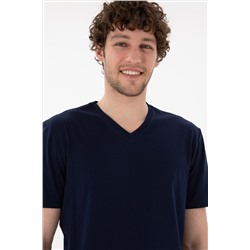 Erkek Regular Fit  V Yaka Lacivert Basic Tişört