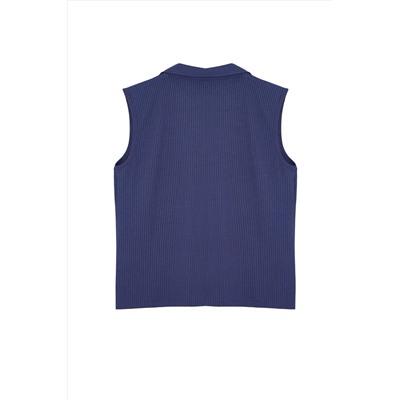 Mavi Fitted/Vücuda Oturan Polo Yaka Esnek Örme Büyük Beden Bluz TBBSS24AF00065