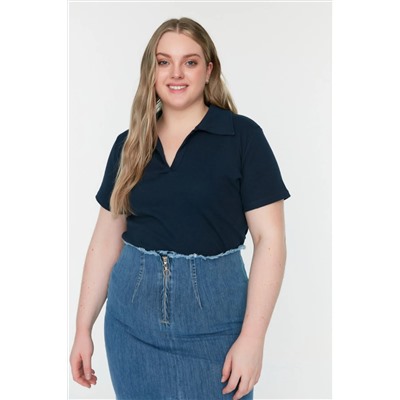Lacivert Polo Yaka Vücuda Oturan Fitilli Örme Bluz TBBSS22BZ0750