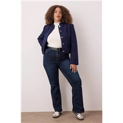 Koyu Mavi Yüksek Bel İspanyol Paça Flare Fit Denim Büyük Beden Jeans TBBAW26CJ00034