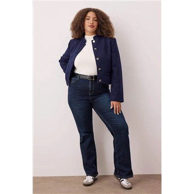 Koyu Mavi Yüksek Bel İspanyol Paça Flare Fit Denim Büyük Beden Jeans TBBAW26CJ00034