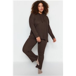 Kahverengi Kapüşonlu Yaka Relaxed Fit Örme Kaşkorse Büyük Beden Alt-Üst Takım TBBAW23CP00016