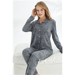 Siyah İnci antrasit kedi desenli Pamuklu Düğmeli Pijama Takımı 7685
