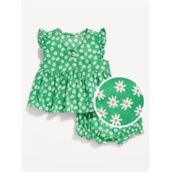 Printed Poplin Flutter-Sleeve Top & Bloomer Shorts Set for Baby