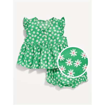 Printed Poplin Flutter-Sleeve Top & Bloomer Shorts Set for Baby