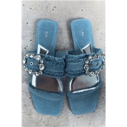 DENIM FLAT SLIDER SANDALS WITH BUCKLE
