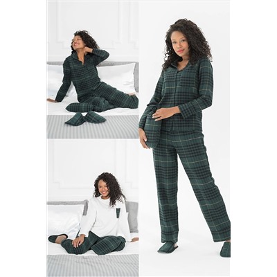 FOR YOU MODA 5'li Terlikli Yesil Ekoseli Pijama Takımı S26800