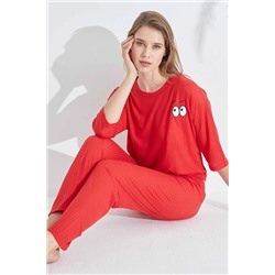Siyah İnci kırmızı Soft Touch İnce Örme Nakışlı Pijama Takım 7626