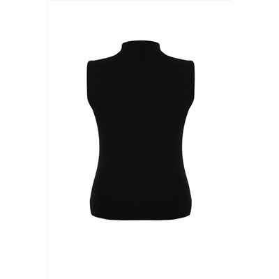 Siyah Fermuarlı %100 Pamuk Fitilli Kaşkorse Örme Büyük Beden Bluz TBBSS24AF00040