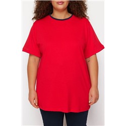 Kırmızı Renk Blok Detaylı Boyfriend %100 Pamuk Örme T-shirt TBBSS24BF00012