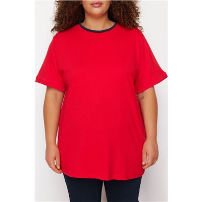 Kırmızı Renk Blok Detaylı Boyfriend %100 Pamuk Örme T-shirt TBBSS24BF00012