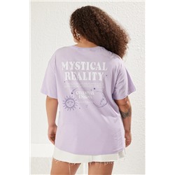 Mor Yıkamalı Sırt Baskılı Geniş Kalıp %100 Pamuk Örme bÜyük Beden Tshirt TBBSS25BF00006