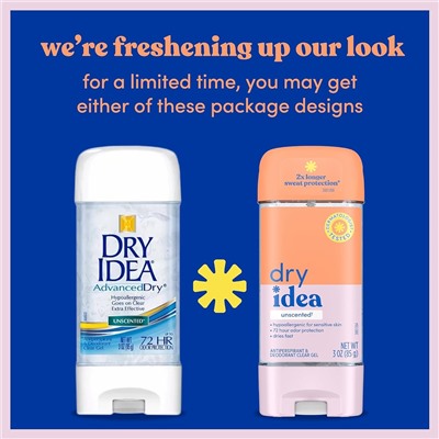 Dry Idea Gel Deodorant & Antiperspirant | 2X Longer Sweat Protection | 72-Hour Odor Protection | Unscented & Hypoallergenic for Sensitive Skin, 3 oz.