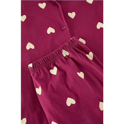 Vişne Kalpli Gömlek Yaka Örme Pijama Takımı TBBAW23AI00019
