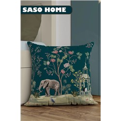 SasoHome Turquoise Elephant And Roses Pattern Desenli Dekoratif Hediyelik Kırlent - Yastık Kılıfı SasoHomeFon019x