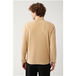 Bej Dik Yaka Soğuğa Dayanıklı Yarım Fermuarlı Regular Fit Standart Kesim Polar Sweatshirt