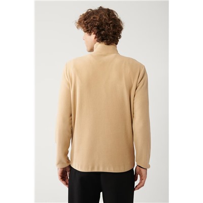 Bej Dik Yaka Soğuğa Dayanıklı Yarım Fermuarlı Regular Fit Standart Kesim Polar Sweatshirt