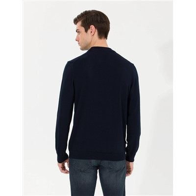 Lacivert Slim Fit Çeyrek Yaka Basic Triko Kazak