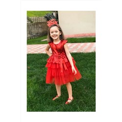 Delfini kids Kız Çocuk Kırmızı doğum Günü, Tüllü Abiye Elbise 9354