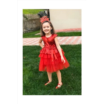 Delfini kids Kız Çocuk Kırmızı doğum Günü, Tüllü Abiye Elbise 9354