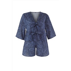 Mavi Şal Desen Bağlama Detaylı Beachwear Büyük Beden Alt-Üst Takım TBBSS25CP00001