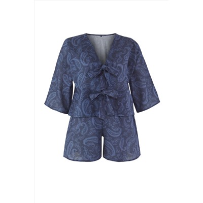 Mavi Şal Desen Bağlama Detaylı Beachwear Büyük Beden Alt-Üst Takım TBBSS25CP00001
