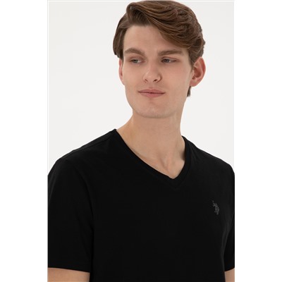 Erkek Regular Fit V Yaka Siyah Basic Tişört