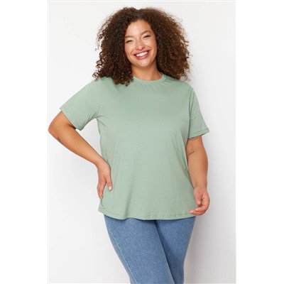 Mint Yeşili Boyfriend Fit Yanda Çıt Çıt Detaylı %100 Pamuk Örme Büyük Beden T-shirt TBBSS24BF00000