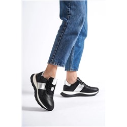 Deripabuc Hakiki Deri Siyah Gümüş Kadın Deri Sneaker Spor Ayakkabı Dp63-ms DP63-MS