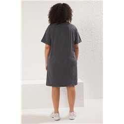 Antrasit Bisiklet Yaka Yıkamalı Örme Büyük Beden T-shirt Elbise TBBSS25AH00007
