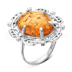 Кольцо из серебра с янтарем и фианитами родированное 925 пробы 10-152