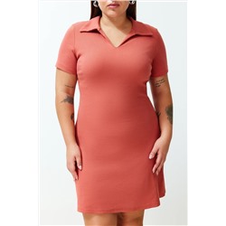Kiremit Polo Yaka Midi Örme Büyük Beden Elbise TBBSS24AH00078