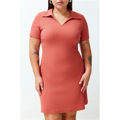 Kiremit Polo Yaka Midi Örme Büyük Beden Elbise TBBSS24AH00078