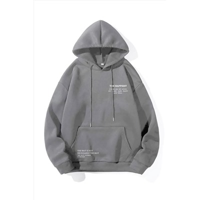 AltamiraUnisex Füme Happiest Baskılı Oversize Kapşonlu Sweatshirt