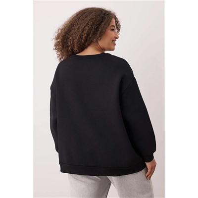 Siyah Oversize/Rahat Kesim Basic Bisiklet Yaka Kalın/İçi polarlı Örme Sweatshirt TBBAW25AO00008