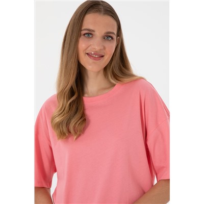 Kadın Pembe Oversize Bisiklet Yaka Tişört