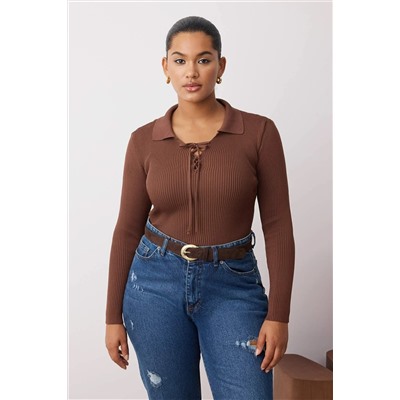 Kahverengi Polo Yaka Fitilli İnce Triko Bluz TBBAW26AF00001